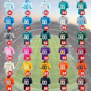 May include: A collection of football jerseys in various colors, each displaying the number "00" and the text "TEAM NAME". The jerseys are arranged in rows, showcasing a range of team color combinations.
