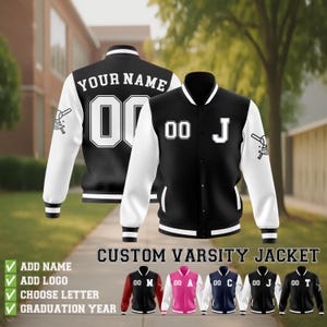 May include: Black and white custom varsity jacket with white sleeves. The jacket features the text "YOUR NAME" and the number "00" on the back. The front of the jacket has the letter "J" and the number "00". The image also shows other color options.