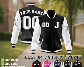 May include: A black and white varsity jacket featuring the text YOUR NAME and the number 00 on the back, with the number 00 and letter J on the front. The sleeves display a baseball logo. Additional color variations are shown below.