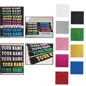 May include: A collection of personalized name patches in various colors, including black, white, and a rainbow of hues. The text "YOUR NAME" is prominently displayed on each patch, with different color options available.