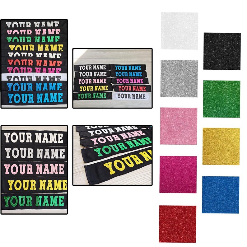 May include: A collection of personalized name patches in various colors, including black, white, and a rainbow of hues. The text "YOUR NAME" is prominently displayed on each patch, with different color options available.