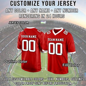 May include: Two red football jerseys with white accents. The jerseys display the text "YOUR NAME" and "TEAM NAME" above the number "00". The image includes the text "CUSTOMIZE YOUR JERSEY" and "FULLY CUSTOMIZABLE COLORS".