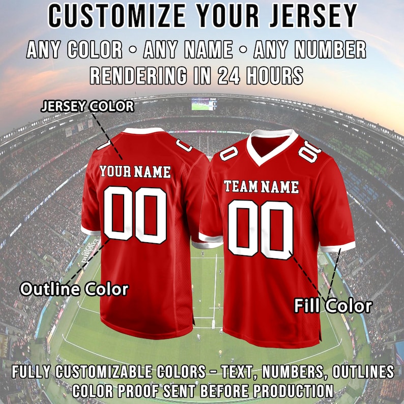 May include: Two red football jerseys with white accents. The jerseys display the text "YOUR NAME" and "TEAM NAME" above the number "00". The image includes the text "CUSTOMIZE YOUR JERSEY" and "FULLY CUSTOMIZABLE COLORS".