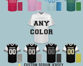 Custom Sequin Football Jersey Personalized with Team Name and Number – Pick Any Base and Glitter Color for Cheer Dance or Spirit Wear