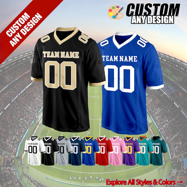 May include: Two football jerseys, one black with gold accents and the other blue with white accents, are displayed. Each jersey has "TEAM NAME" and the number "00" on the front. The image also shows a variety of jersey colors and styles. Text reads "CUSTOM ANY DESIGN".