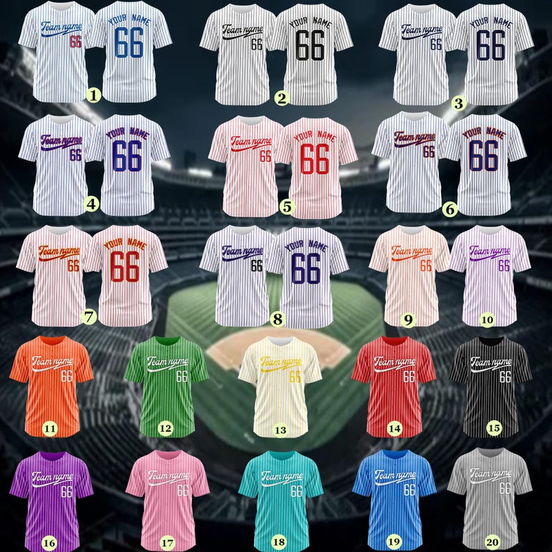 May include: Twenty baseball jerseys with different colored stripes and numbers. The jerseys have a white background with colored stripes and a team name and number on the front. The jerseys are numbered 1 through 20.