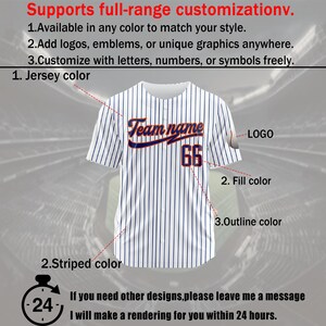 May include: White baseball jersey with blue and white stripes. The jersey has a navy blue and orange "Team name" text with the number "66" on the front. The jersey has a space for a logo on the right sleeve. The text "Supports full-range customization" is at the top of the image. The text "1. Jersey color", "2. Fill color", "3. Outline color", and "2. Striped color" are also included in the image.