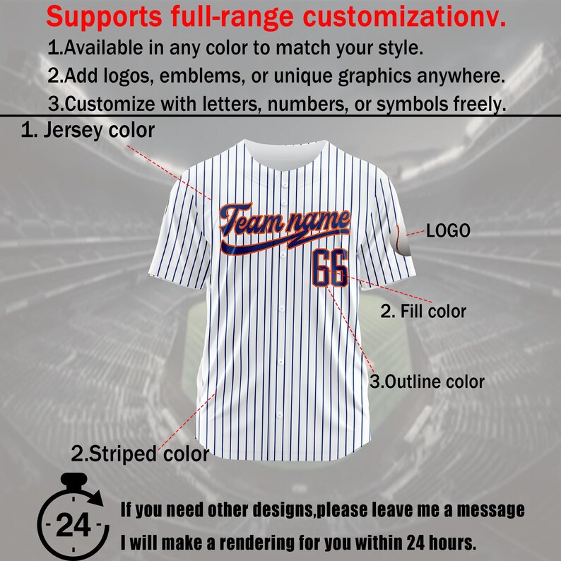 May include: White baseball jersey with blue and white stripes. The jersey has a navy blue and orange "Team name" text with the number "66" on the front. The jersey has a space for a logo on the right sleeve. The text "Supports full-range customization" is at the top of the image. The text "1. Jersey color", "2. Fill color", "3. Outline color", and "2. Striped color" are also included in the image.
