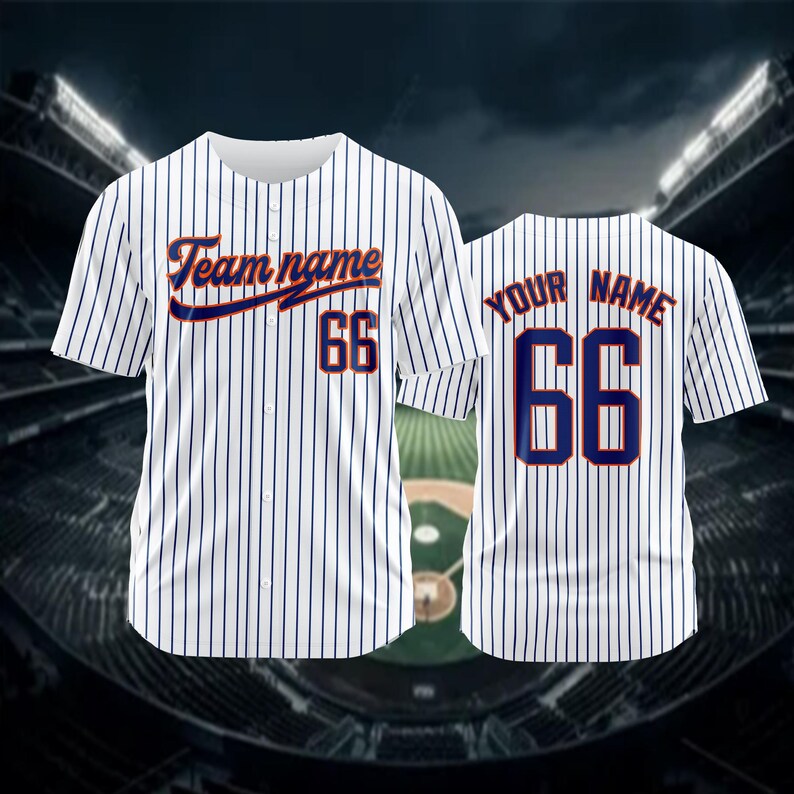 May include: White baseball jersey with blue stripes and orange text. The front of the jersey says "Team name 66" and the back says "Your name 66".