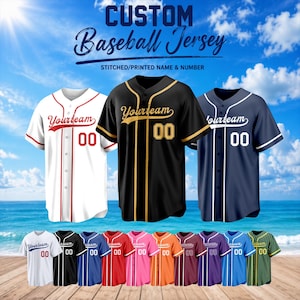 May include: Three baseball jerseys in white, black, and navy blue, each featuring the text Yourteam and the number 00. Below are ten additional jerseys in various colors including white, black, blue, red, pink, orange, maroon, purple, and green.