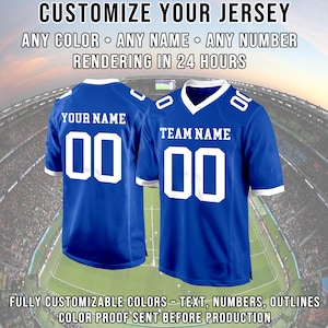 May include: Two blue jerseys with white accents and numbers. One jersey says "YOUR NAME" and the other says "TEAM NAME". The text "CUSTOMIZE YOUR JERSEY" and other details are at the top and bottom of the image.