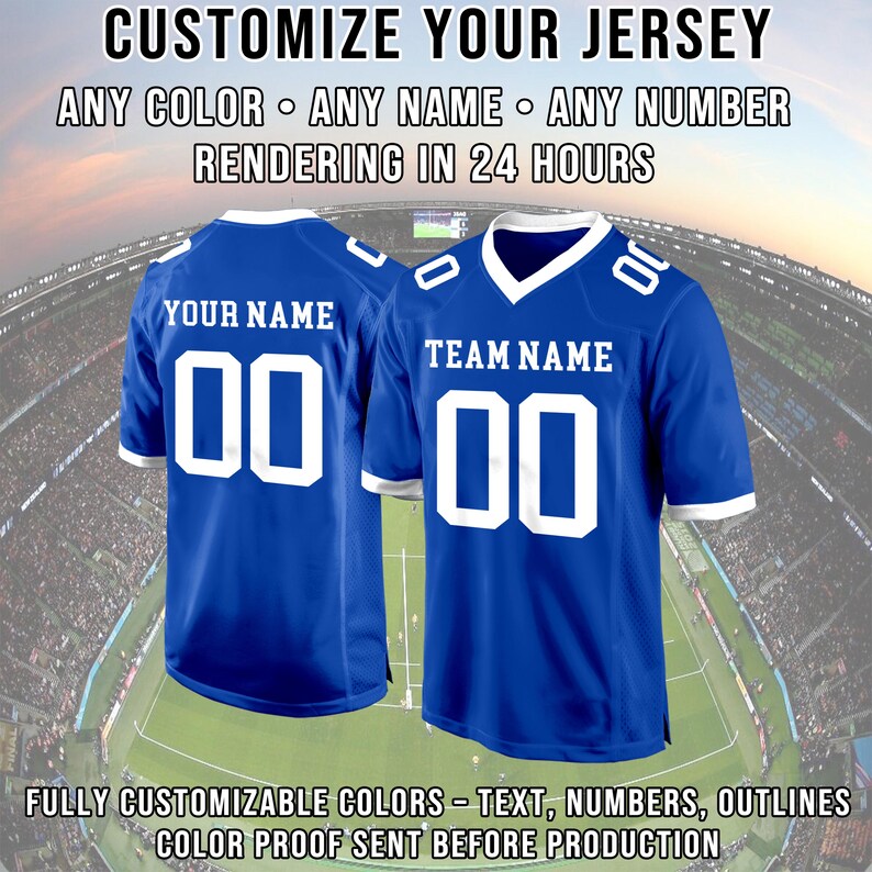 May include: Two blue jerseys with white accents and numbers. One jersey says "YOUR NAME" and the other says "TEAM NAME". The text "CUSTOMIZE YOUR JERSEY" and other details are at the top and bottom of the image.