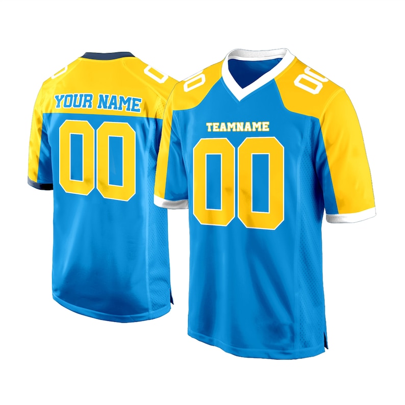 May include: A blue and yellow football jersey with white trim. The jersey has the text "YOUR NAME" and "TEAMNAME" on it, along with the number "00".