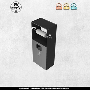 Pode incluir: Uma unidade combinada de lixeira e dispensador de papel higiênico em metal preto e cinza. A seção superior sustenta um rolo de papel higiênico branco em uma barra horizontal, enquanto a inferior possui uma abertura retangular.