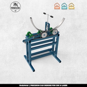 May include: A blue metal ring roller machine featuring a central hand crank, a chain drive system with silver gears, and green rollers. The machine is shown bending a curved metal bar. Icons for STP, DXF, and PDF files are visible at the top.