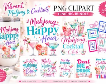 May include: A digital graphic bundle featuring nine designs with Mahjong tiles and cocktail illustrations. The text includes phrases like Mahjong Happy Hour, Mahjong Cocktail Club, In My Mahjong Era, and Sip Sip Hooray It's Mahjong Day, displayed in vibrant pink and teal colors.
