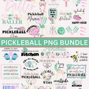 May include: A collection of pickleball-themed graphics in pink, green, and white. The designs include paddles, balls, and phrases like "Pickleball Mama," "Happy Hour," and "Pickleball PNG Bundle." Perfect for crafting projects.