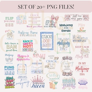 May include: A collection of over twenty PNG files featuring Mahjong-themed designs. The designs include phrases like "Mahjong Mama," "Crack Dot Bam," and "Mahjong is my Cardio." The color palette includes pink, blue, and green.