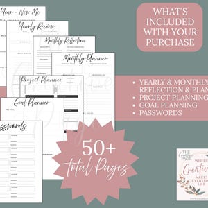 Peut inclure: Une collection de pages de planification imprimables avec des en-têtes tels que New Year - New Me, Yearly Review, Monthly Reflection, Monthly Planner, Project Planner, Goal Planner et Passwords. Un graphique en étoile rose indique 50+ total pages.