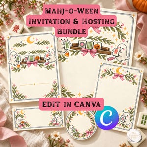 May include: A Mahj-o-ween invitation and hosting bundle featuring cream-colored stationery with illustrations of ghosts, mahjong tiles, pumpkins, pink bows, and green foliage. The designs include a crescent moon, stars, and candy corn accents.