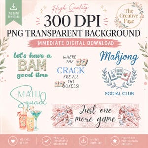 Social Mahjong Themed Clipart PNG Bundle, Mahjong Entertaining, Colorful and Fun - Instant Digital Download