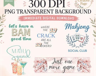Social Mahjong Themed Clipart PNG Bundle, Mahjong Entertaining, Colorful and Fun - Instant Digital Download