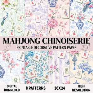May include: A collection of eight printable decorative pattern papers featuring Mahjong Chinoiserie designs. The patterns include illustrations of Mahjong tiles, blue and white porcelain vases, pink peonies, cherry blossoms, and peacocks.