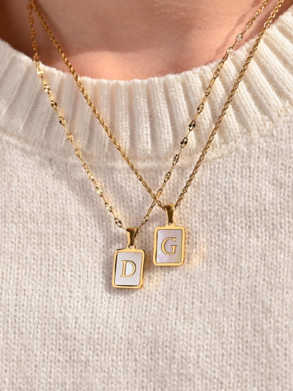 14K Gold Filled Mother of Pearl Initial Necklace, Personalized