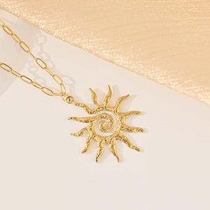 Sun Necklace, 18K Gold Sun Pendant Necklace, Gold Hammered Spiral Sun Necklace, Large Sun Charm Necklace, Boho Gift For Her