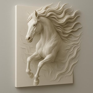 May include: A white relief sculpture of a horse in mid-gallop. The horse's flowing mane and tail are detailed, and the sculpture is mounted on a rectangular, off-white background. The artwork evokes a sense of movement and grace.