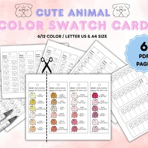 Schattige dieren kleurstalenkaarten, 6, 12 kleuren, kleurstalenkaart afdrukbaar, blanco kleurstalen pdf, kleurenkaart alcoholmarkers