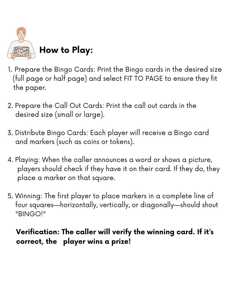 Puede incluir: C&oacute;mo jugar al Bingo: instrucciones para preparar y jugar un juego de Bingo con tarjetas, marcadores y un anunciador.