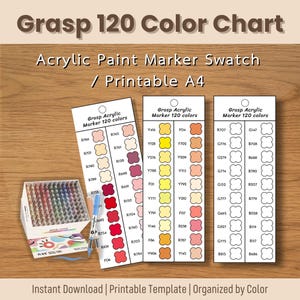 Tarjetas de muestra de color de marcadores acrílicos Grasp 120: Organizador de colores imprimible (PDF)