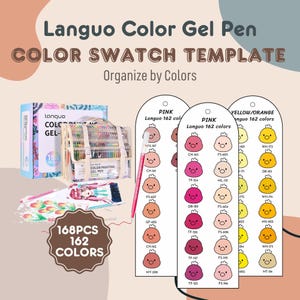 May include: A collection of Languo Color Gel Pens with a color swatch template. The image shows a box set of 168 pens with 162 colors, organized by color. The color swatch template includes pink and yellow/orange color options.