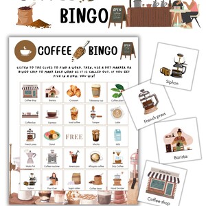 30 tarjetas de bingo de café: tarjetas de bingo imprimibles, imágenes para colorear, juego para niños