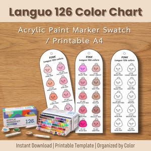 Tabla de muestras de marcadores de pintura acrílica Languo de 126 colores: Organizador de colores imprimible (PDF)
