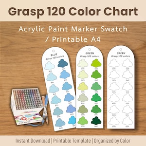 Tarjetas de muestra de color de marcadores acrílicos Grasp 120: Organizador de colores imprimible (PDF)