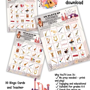 Puede incluir: Cartas de bingo de instrumentos musicales imprimibles con 25 casillas. Las cartas presentan una variedad de instrumentos musicales, incluyendo un saxof&oacute;n, un arpa, una tuba, una lira, un tromb&oacute;n, una viola, un tambor, etc. Las cartas son perfectas para una fiesta o una actividad en el aula con tem&aacute;tica musical. El texto en las cartas dice "25 casillas de bingo de instrumentos musicales".