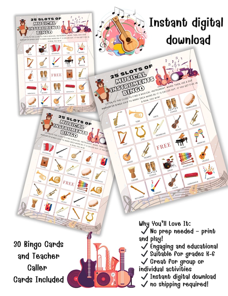 Puede incluir: Cartas de bingo de instrumentos musicales imprimibles con 25 casillas. Las cartas presentan una variedad de instrumentos musicales, incluyendo un saxof&oacute;n, un arpa, una tuba, una lira, un tromb&oacute;n, una viola, un tambor, etc. Las cartas son perfectas para una fiesta o una actividad en el aula con tem&aacute;tica musical. El texto en las cartas dice "25 casillas de bingo de instrumentos musicales".