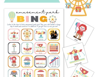 May include: An amusement park themed Bingo game set. The set includes a Bingo card with colorful illustrations of amusement park rides and attractions, caller cards, and the text "Amusement park BINGO".