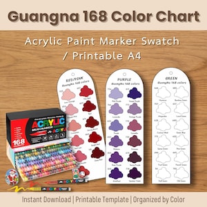 Juego de marcadores acrílicos GuangNa de 168 colores: Plantilla de muestra de color (Descarga digital)