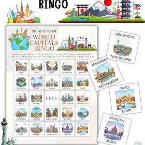 Op de afbeelding: Een World Capitals Bingo-spelset. Het spel bevat een bingokaart met 25 vakken met stadsillustraties, belkaarten en de tekst "World Capitals Bingo". De set bevat ook 30 bingokaarten.