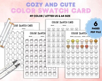 May include: A collection of color swatch cards with various designs, including teapots, gift boxes, and skulls. The cards are labeled "COLOR SWATCH CARD" and include the text "COZY AND CUTE" and "49 COLOR / LETTER US & A4 SIZE". The image also shows markers and a PDF file.