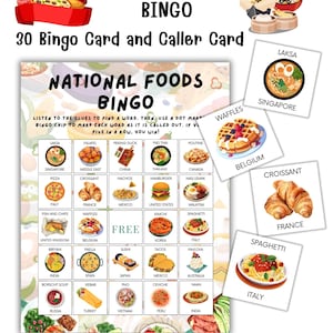 Może przedstawiać: Kolorowa gra w Bingo z Narodowymi Potrawami, z kartą do bingo z różnymi daniami międzynarodowymi, takimi jak pizza, sushi i tacos. Zestaw zawiera 30 kart do bingo i kartę wywoławczą, idealny na wieczór gier.
