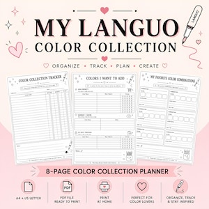 Può includere: Un pianificatore di collezioni di colori da 8 pagine con tre fogli stampabili intitolati Color Collection Tracker, Colors I Want To Add e My Favorite Color Combinations. Il design include testo nero, disegni al tratto e icone a forma di cuore rosa su uno sfondo rosa chiaro.