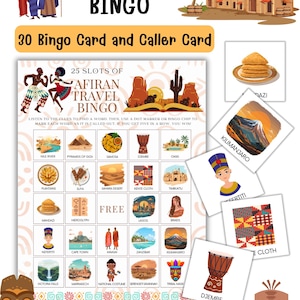 Puede incluir: Un juego de bingo imprimible y colorido de Viaje Africano, con 30 cartones y una tarjeta de llamada. El cartón de bingo presenta ilustraciones de lugares emblemáticos, comida y elementos culturales africanos. El texto en la tarjeta dice "African Travel Bingo".