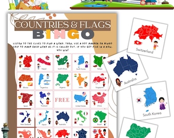 Bingo de países y banderas / 30 cartones de bingo / Divertido juego de geografía para niños y estudiantes de inglés como segunda lengua.