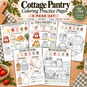 Pagine di esercizi sui colori per la dispensa in stile cottage, fogli di lavoro su texture e tavolozza, PDF stampabili + PNG