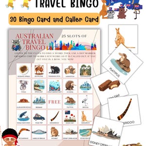 May include: A colorful Australian Travel Bingo game with 30 cards and a caller card. The bingo card features illustrations of Australian landmarks, animals, and cultural icons. The text on the card reads "Australian Travel Bingo".