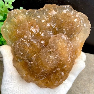 以下が含まれることがあります： 半透明の琥珀色の鉱物標本で、結晶質の質感を持つ丸みを帯びたブドウ状の集合体が特徴です。この標本は、黄金色から黄色の様々な色合いを示し、小さな反射性の白い内包物が含まれています。